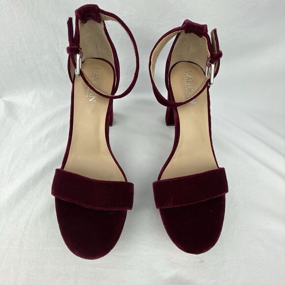 Lauren Ralph Dress Sandal Womens 6B Sylvia Velvet Purple Plum Heel Ankle Strap - Picture 2 of 13